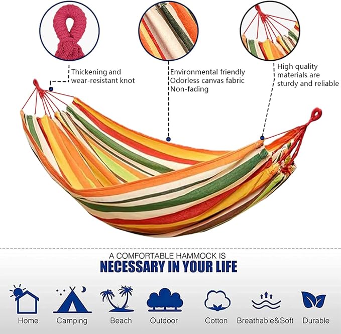 Cotton Canvas Hammock, Comfortable Fabric Camping Hammock with Tree Straps, Up to 440lbs with Travel Bag for Camping Outdoor/Indoor Patio Backyard(Orange, Without bar)