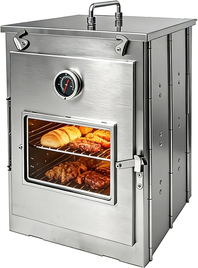 16-Inch H Folding Camping Oven - 3-Tier Grates, Portable Stainless Steel Grill for Baking Bread, Muffins & BBQ, Compatible with Wood-Burning & Propane Stoves