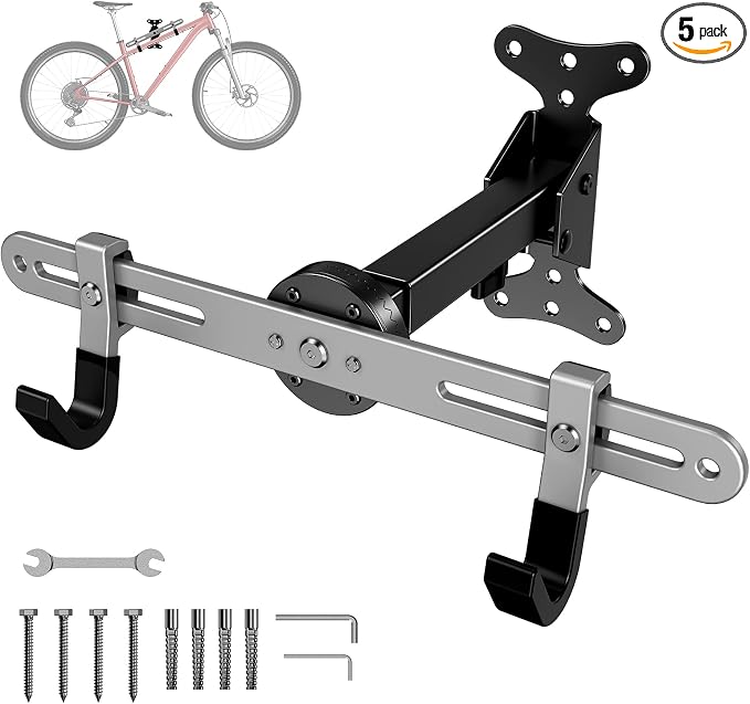 Heavy-Duty Bike Wall Mount for Garage Aluminum Alloy & Steel Folding Bicycle Rack,360° Rotation,Adjustable Hook, 66lbs Capacity Horizontal Indoor Bike Storage, for Road Mountain Hybrid Bikes
