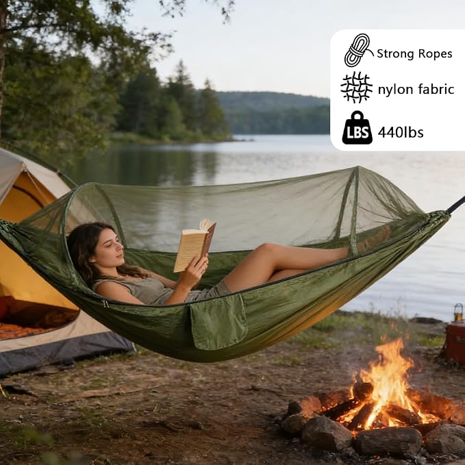 Camping Hammock with Mosquito Net - Double & Single Portable Hammocks with 2 Tree Straps, Lightweight Hammock Tent for Outdoor Camping, Hiking, Backpacking, Beach & Backyard (Army Green)
