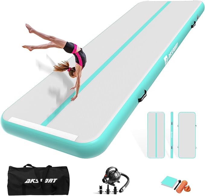 AKSPORT Inflatable Gymnatsics Mat Tumble Track 10ft 13ft 16ft 20ft 23ft Air Tumbling Mat with Air Pump for Home Use/Training/Cheerleading/Yoga