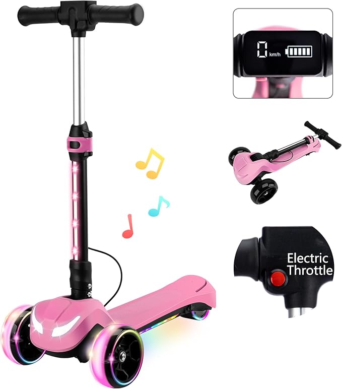 Electric Scooter for Kids w/150W Powerful Motor, Thumb Throttle, LCD Screen, Bluetooth, Light-Up Stem Deck & Wheels, 3 Adjustable Heights, 5MPH Safe Speed, 3 Wheel Electric Scooter for Kids