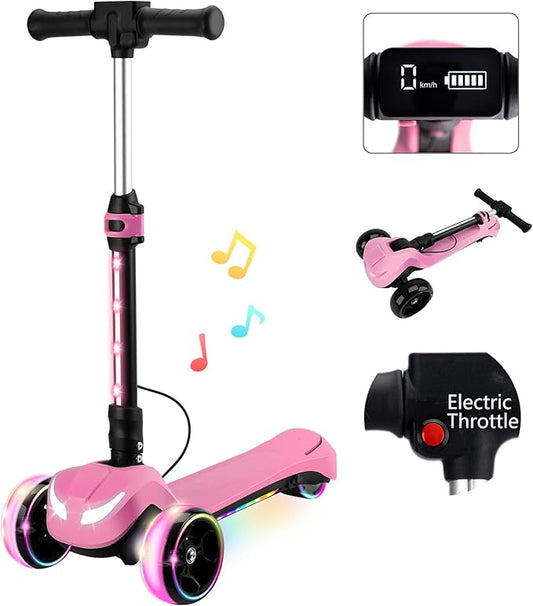Electric Scooter for Kids w/150W Powerful Motor, Thumb Throttle, LCD Screen, Bluetooth, Light-Up Stem Deck & Wheels, 3 Adjustable Heights, 5MPH Safe Speed, 3 Wheel Electric Scooter for Kids