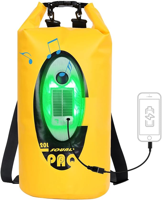 Qoolife Dry Bag Waterproof with Solar Bluetooth Speaker & Light - 10L/20L Roll Top Dry Sack Keeps Gear Dry for Men Women Kayaking, Beach, Rafting, Boating, Hiking, Camping and Fishing