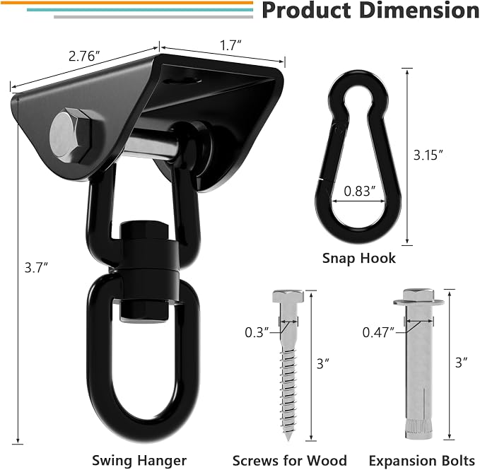 360°Rotating Hammock Hanging Kit, Heavy Duty 1200 lb Capacity Stainless Steel Hanging Swing Hooks, 2 Pack Swing Hanger for Yoga, Hammock Chair, Sandbag, Swing Sets(Black