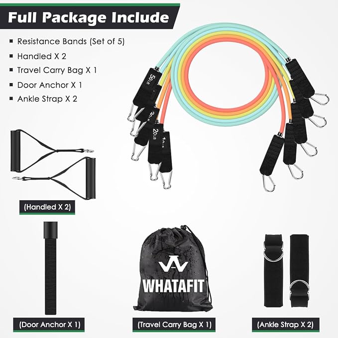 WHATAFIT Resistance Bands, Exercise Bands, Workout Bands with Handles, Door Anchor and Ankle Straps, 5 Resistance Levels Fitness Bands for Strength Training, Physical Therapy, and Home Gym Equipment