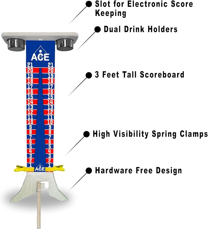 CornholeAce Elite Cornhole Scoreboard 3ft or 5.5ft Tall Hardware Free Stand with UV Printed Score Panel 0 to 21 Phone Tablet Scorekeeping Area Livestream Shelf 2 Drink Holders