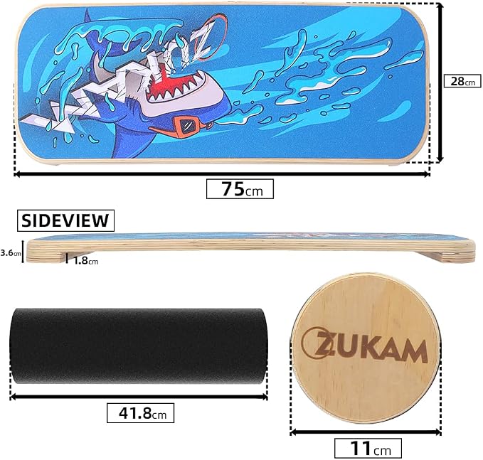 Balance Board Trainer, Wooden Balancing Board with Workout Guide to Exercise and Build Core Stability, Wobble Board for Skateboard, Hockey, Snowboard & Surf Training