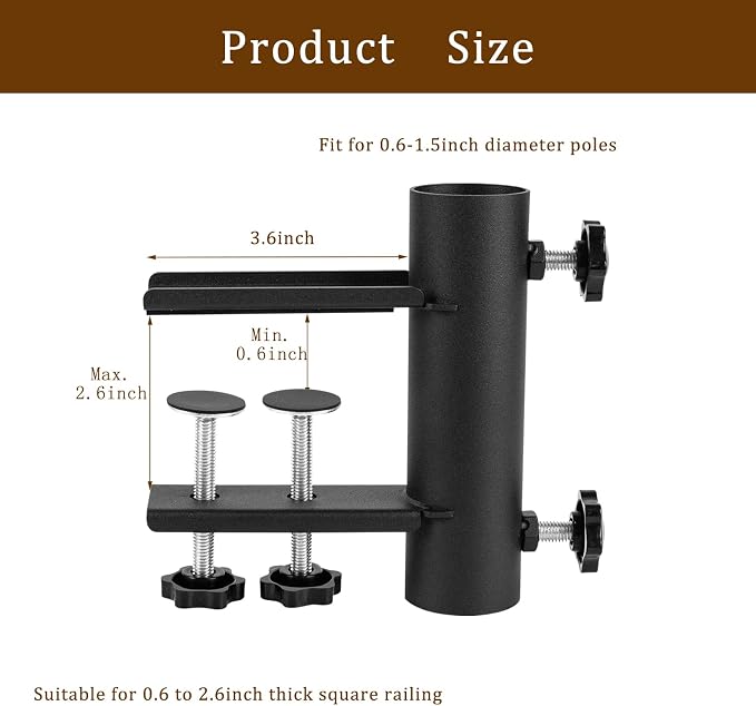 Patio Umbrella Clamp Clip, Umbrella Stand Holder, Outdoor Umbrella Base Adjustable Metal Umbrella Clamp Stand Mount for Chair, Fence Post, Square Railing, Bleachers, Table