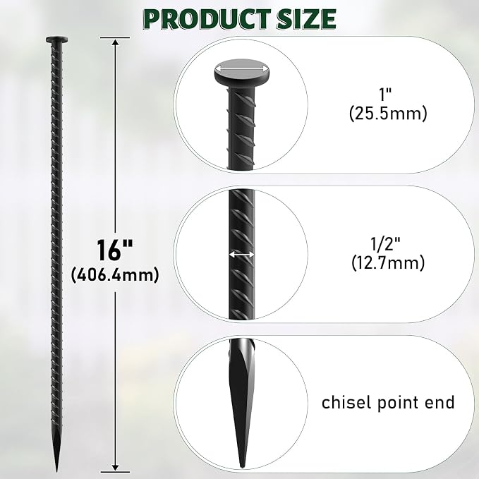 16 Inch Rebar Stakes - 1/2 Inch Diameter Galvanized Steel Ground Anchors | 10 Pack Heavy Duty Anchoring Spikes for Speed Bump, Parking Curb, Landscape Timbers and Camping Tent, Black Powder Coating