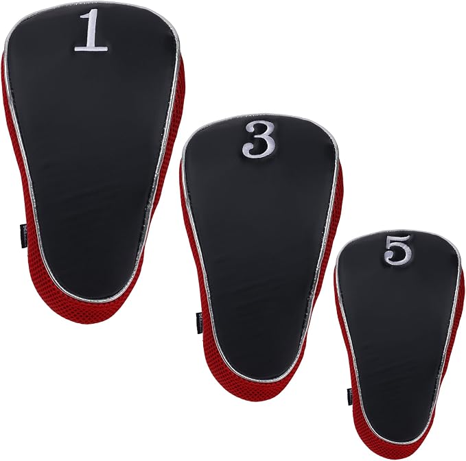 Andux Golf Wood Club Head Covers with Hook & Loop Set of 3 | for 460cc Driver Fairway Short Neck Faux Leather and Nylon-mesh Embroidery thread Number