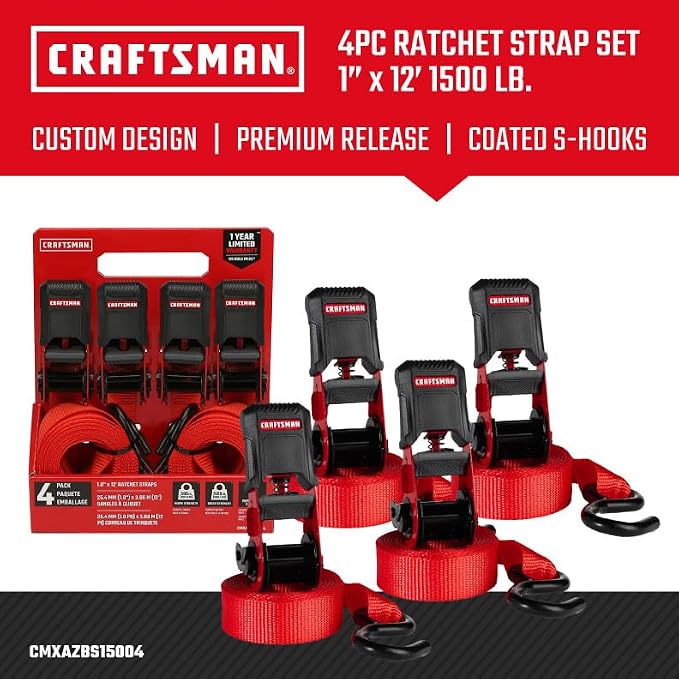 CRAFTSMAN CMXAZBS15004 Black/Red 1" x 12' Ratchet Tie Down Straps - Light/Mid-Weight Duty (1500 lb Break Strength), 4 Pack