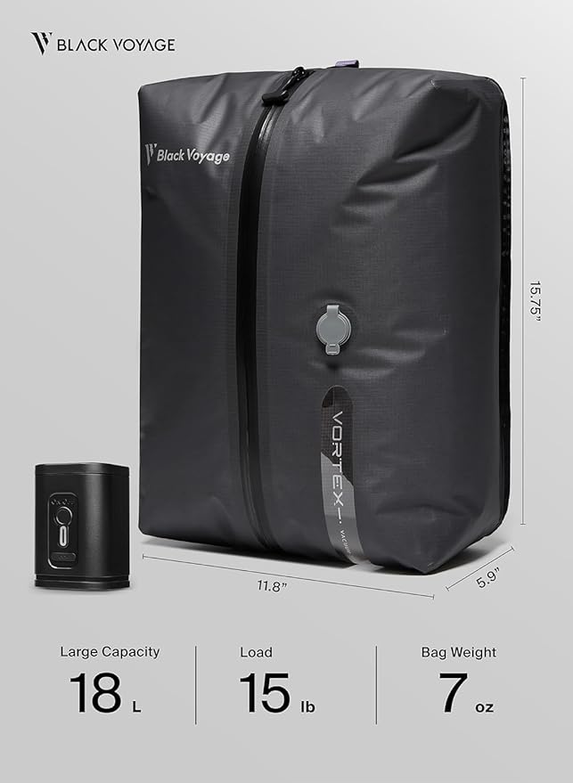 Black Voyage Reusable Vacuum Compression Travel Bag for Carry-On Suitcase and Backpack, Recycled IPX8 Waterproof Space Saver Vacpack (1-Pack, 18L - No Pump)