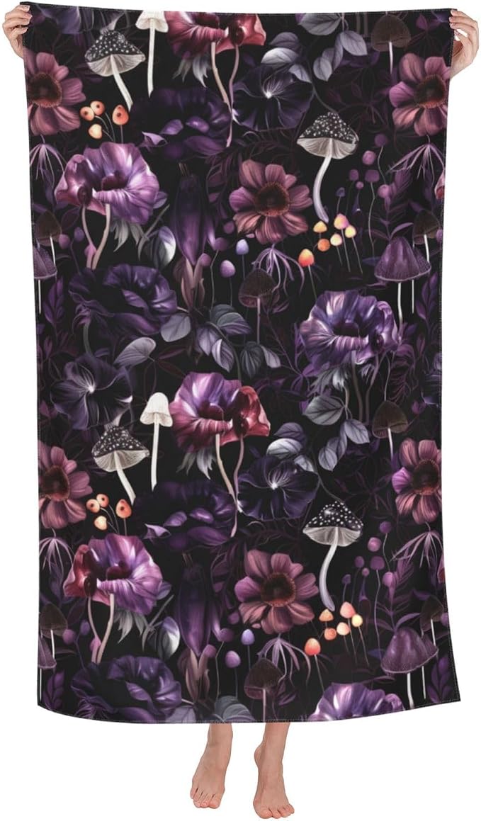 Gothic Dark Botanical Mushroom Beach Towel, 32x52in Microfiber Quick Dry Floral and Fungi Goth Bath Towels, Soft Lightweight Oversized Sand Free, for Travel Pool Swimming Gym Decor, Gifts