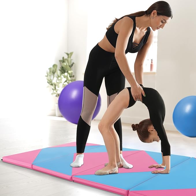 Goplus Gymnastics Mat, Folding Tumbling Mat with Carry Handles, Hook & Loop Fasteners, 4 Panels for Fitness Exercise Yoga Stretching Aerobics Workouts, Thick Gym Mats for Home