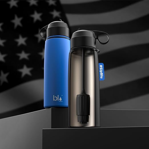 BLU All-in-ONE | Vacuum Insulated Stainless Steel Water Bottle Flask with a Filter (26oz) | Made in The USA | Removes 99.99% contaminants (Regular - Blue)