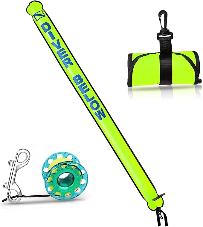 Surface Marker Buoy Set, 6ft Hi-Visibility Inflatable Closed Bottom Signal Tube Safety Sausage with 100ft/30m ABS Finger Spool Reel and Snap Kit for Underwater Scuba Diving