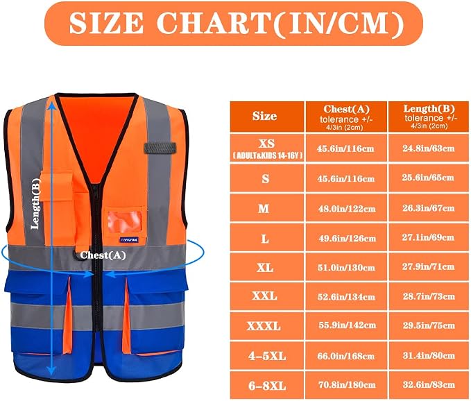 A-SAFETY Reflective Safety Vest, Hi Vis 9 Pockets High Visibility Zipper Front Safety Vest, Orange&Blue Color Mixed, L