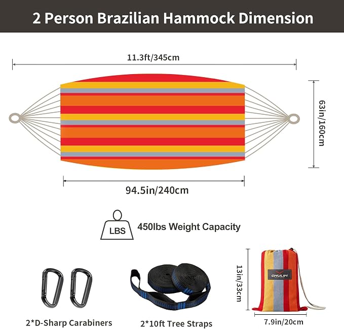 CHULIM Brazilian Double Hammock with Tree Straps,Extra Large 94x63IN,2 Persons Hammock for Backyard Patio Outdoor and Indoor,450lbs Weight Capacity,Soft Woven Cotton Fabric - Summer Fruit