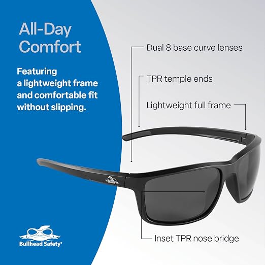 Bullhead Safety Eyewear Pompano Glasses – Anti-Fog, Lightweight, Scratch Resistant, UV Light Blocking Sunglasses for Driving, Golf, Boating, Outdoor Work, Gray Lens