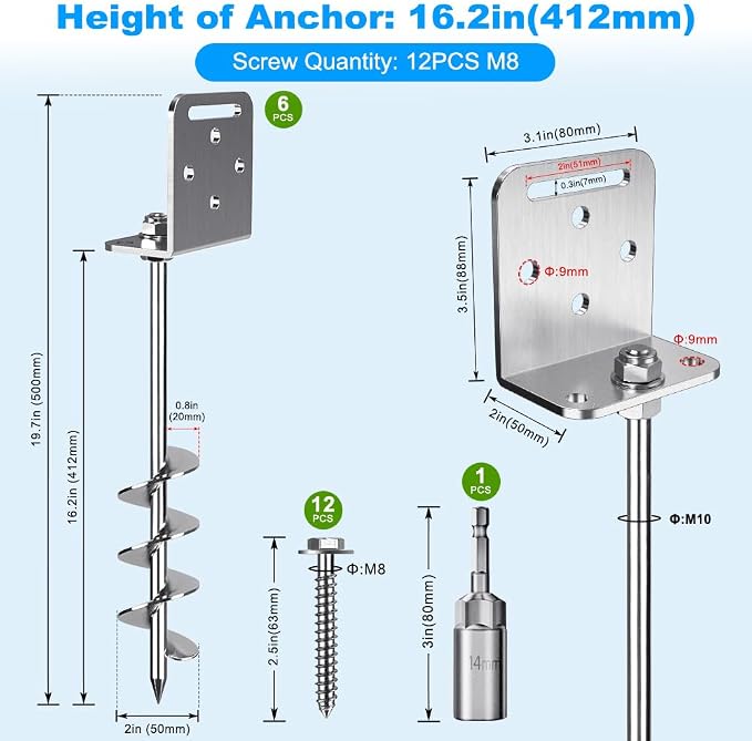 Insaga 18''/24''/30'' Ground Anchors Screw in Earth Anchor Solid Steel with L Bracket for Trampoline Mobile Home Swing Set Shed Carport Tent Stakes, Wider Helix Blade & Chrome Plated Finish, 2/4/6Pcs