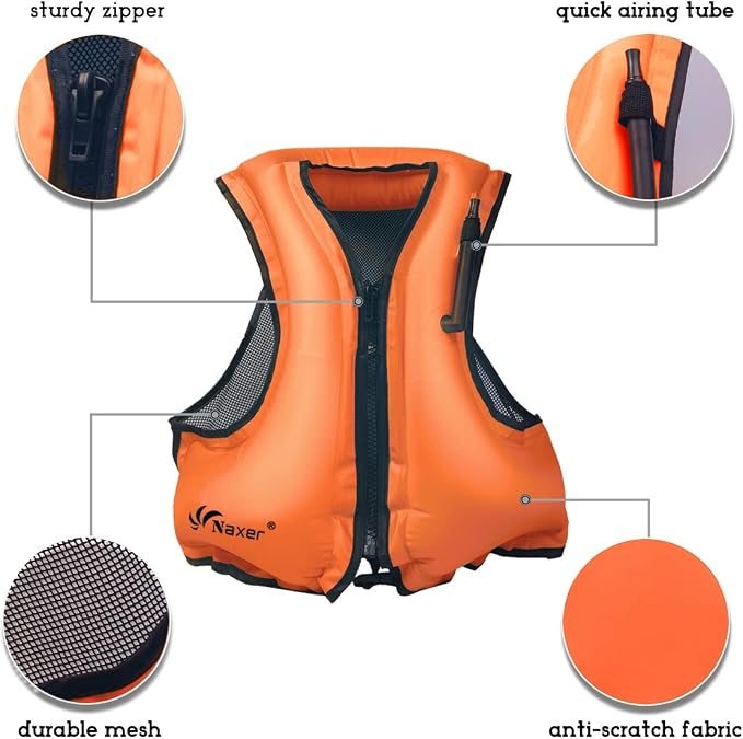 NAXER Inflatable Buoyancy Jackets Snorkel Vests for Adults Kayak Kayaking Snorkeling Suit 90-200 lbs Easy Swimming Boating Paddleboarding Water Sports