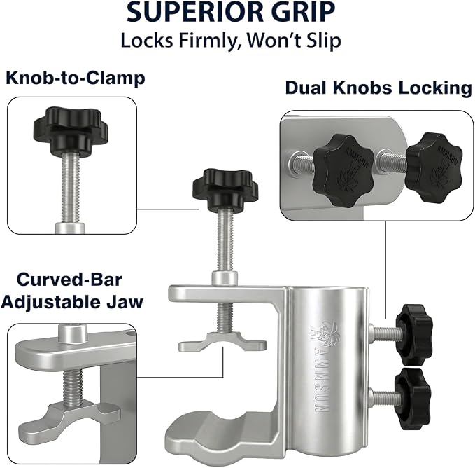 AMMSUN Upgrade Aluminum Patio Umbrella Clamp Stand Holder, Heavy Duty Bench Buddy Holder Clip, Parasol Fixed Clip, Beach Fishing Umbrella Mount, Chair Clamp