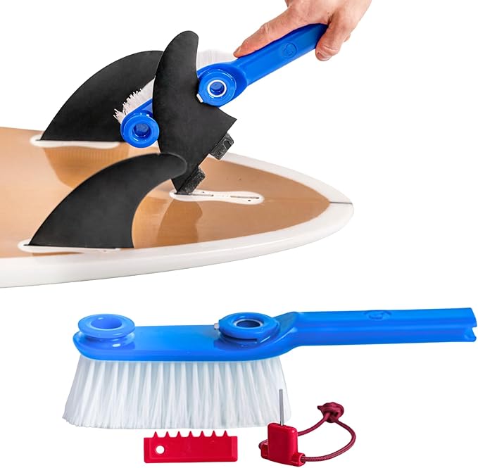 LISS The Clean Fin, Surfboard Fin Removal and Installation Tool, Sand Brush Remover for Beach, Bristle Brush with Leash String Included, Wax Remover & Scraper, Bottle Opener, Beach Accessorie (Blue)