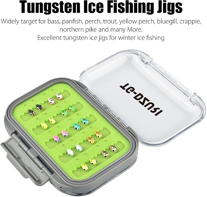 Tungsten Ice Fishing Jigs Kit, 3.2/4/5mm Glow in Dark Tear Drop Ice Fishing Lure Jigs with Waterproof Two-Sided Jig Box Assortment 20/24/30