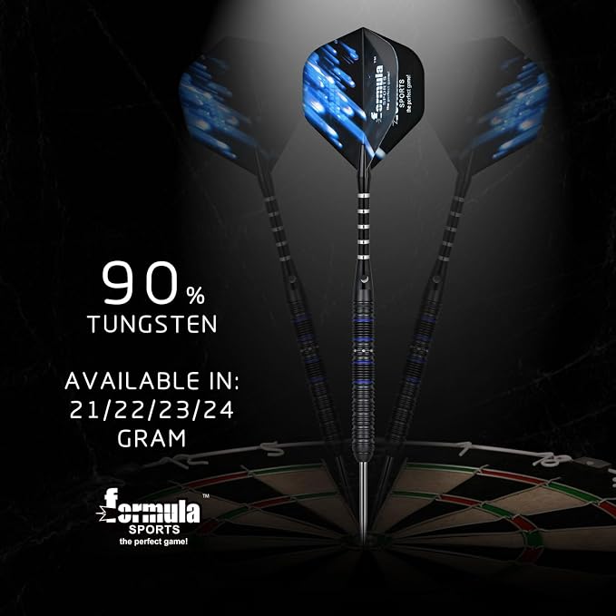 Formula Sports 90% Tungsten Steel Tip Darts Set - Professional Steel Tip Darts Set with Flights, Shafts and Sharpener, Available in 21g/22g/23g/24g