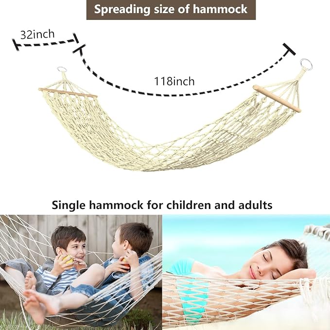 Cotton Rope Hammocks with Wood Spreader,Traditional Hand Woven Hammock for Outdoor, Indoor,Patio, Backyard,Accommodates One Person with a Weight Capacity of 220 lbs.