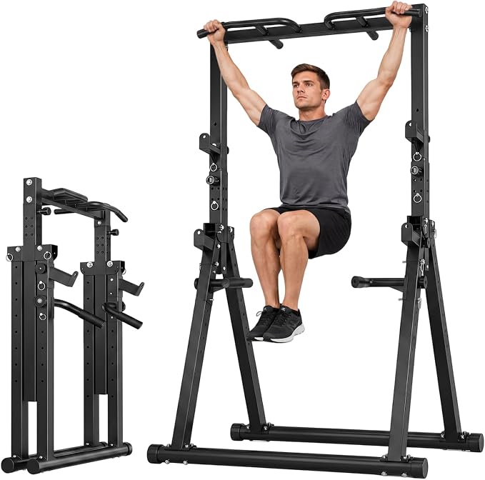 700LBS Foldable Power Tower Pull Up Bar - Multi-function Power Tower Dip Station with Adjustable Height for Home Gym, Portable Free Standing Strength Training Equipment for Indoor & Outdoor