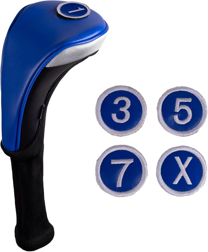 Andux 3pcs/Set PU Golf Wood Club Head Covers with Long Neck | for 460cc Driver Fairway Wood Club with Hook & Loop No. Tags Coloured Piping Pull-On Closure