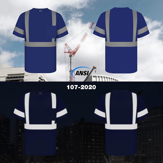TCCFCCT Construction Shirts Class 2 High Visibility Shirts for Men, Hi Vis Reflective Safety Shirts for Men Women, Short Sleeve Work Shirts with Reflective Strips, Durable & Breathable, DC-Blue M