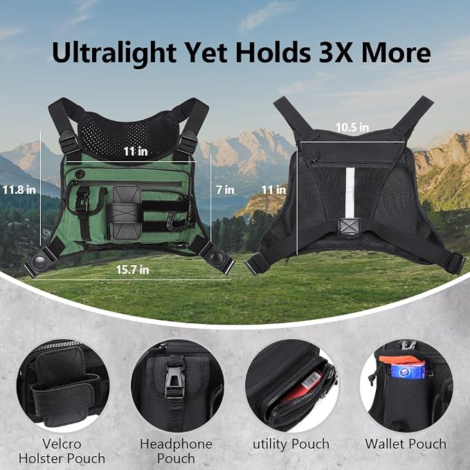 Outdoor Sports Chest pack for men with Gloves, EDC Chest bag for Travel, Lightweight Chest Rig Pouch, Tactical Running Chest Vest for Hiking, Cycling, Fitness, Motorcycle Riding, Workouts