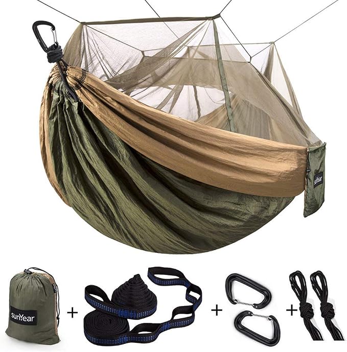 Sunyear Double Camping Hammock with Net & Sunyear Hammock Rain Fly Tent Tarp Provides Effective Protection Against Rain