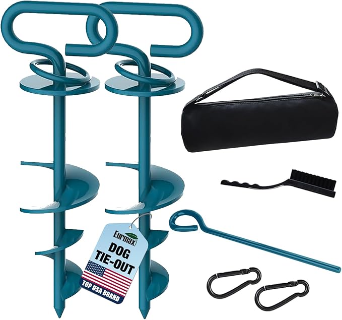 Eurmax USA 2-Pack Heavy Duty Dog Tie Out Stake, No-Tangle In Ground Anchor Runner for Large Dogs up to 210 Lbs - Perfect for Yard, Beach and Camping (Oval,Navy Blue)