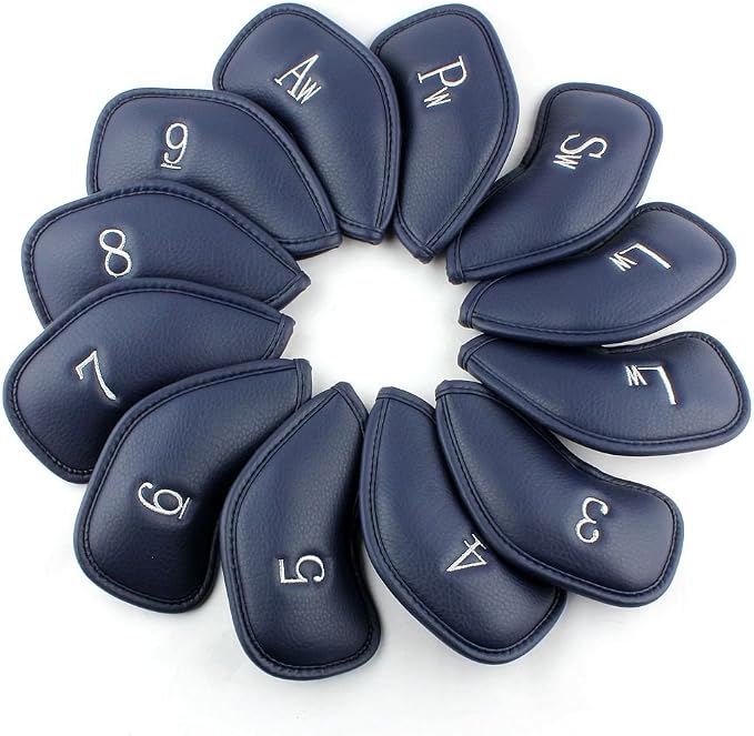 12pcs Synthetic Leather Golf Iron Head Covers Set + Golf T-Towel with Snap Closure, Waffle Pattern Golf Cleaning Towels for Golf Bags