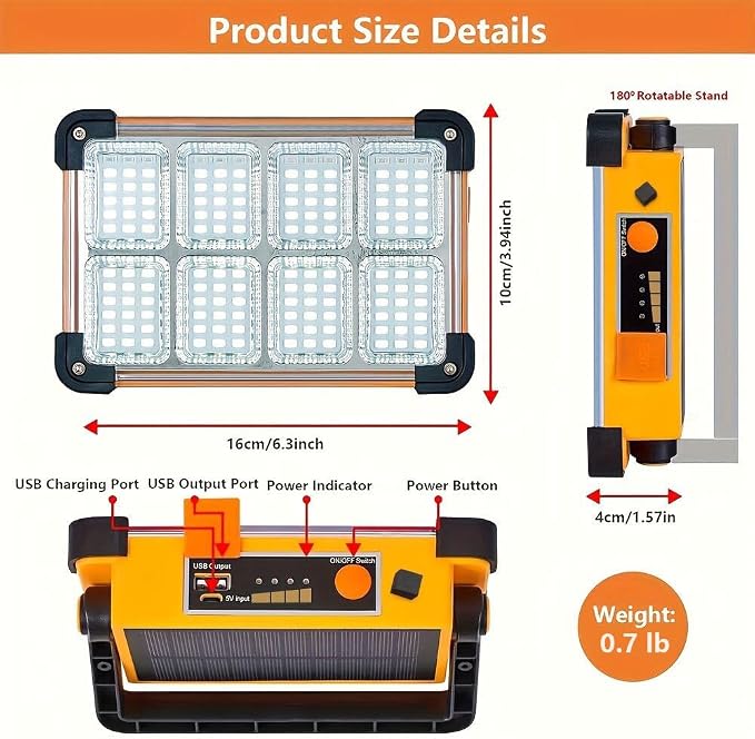 120W LED Solar Work Light, 144 LED 10000LM Portable Flood Light with Stand, 4 Modes Rechargeable, IP65 Waterproof Outdoor Working Light for Camping, Fishing, Car Repair & Mechanics (Yellow 2 Pack)