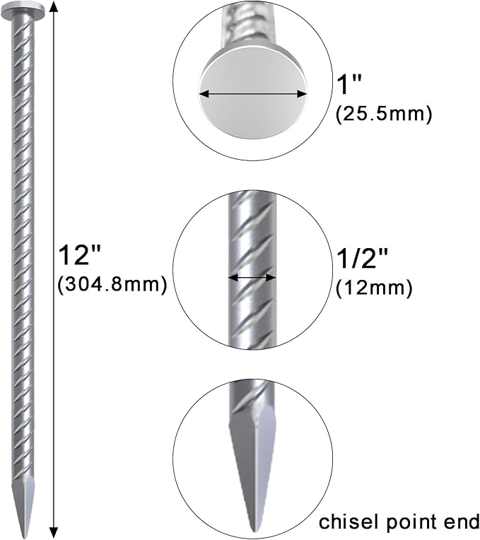 VVOKGO 12 Inch Rebar Stakes Metal Asphalt Anchoring Spikes Ground (32pcs), 1/2 Inch Diameter Galvanized Landscape Anchors Heavy Duty for Speed Bump, Handicap Threshold Ramps, Parking Limits Curb, Tarp