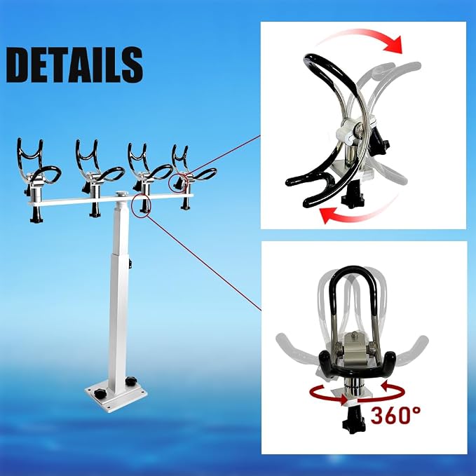 360 Degree Rotation & Adjustable Height PVC Coated Aluminum Fishing Rod Holder with Mounting Plate for Boat Yachts and More