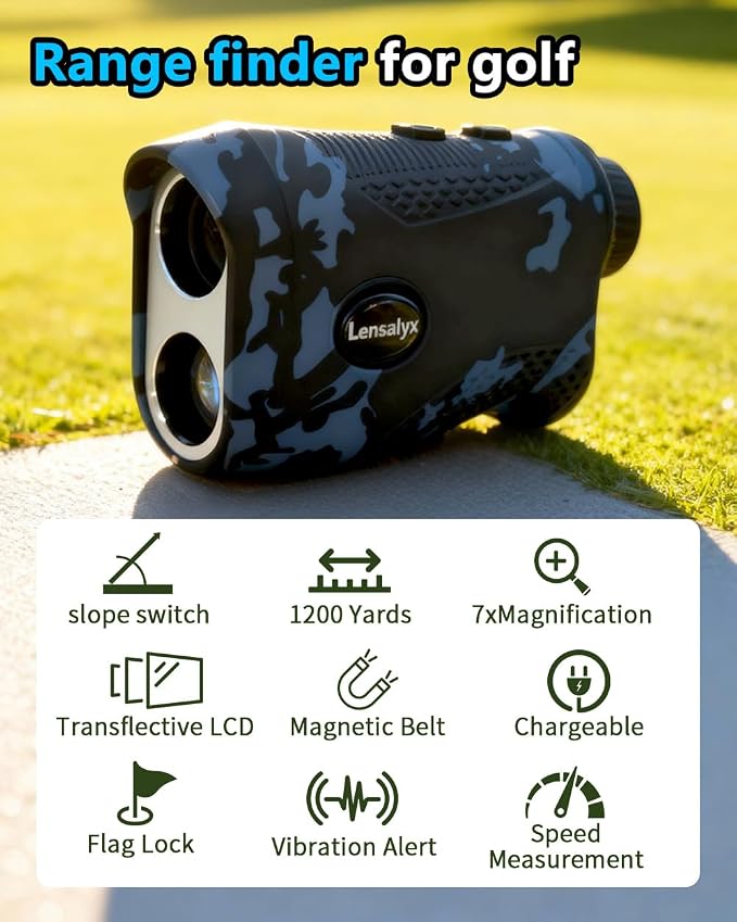 Golf Rangefinder with Slope Switch, 1200 Yards Range Finder Golfing with Flag Lock, 7X Magnification,Flag Pole Locking with Pulse Vibration, Rechargeable,Golf Accessories for Men