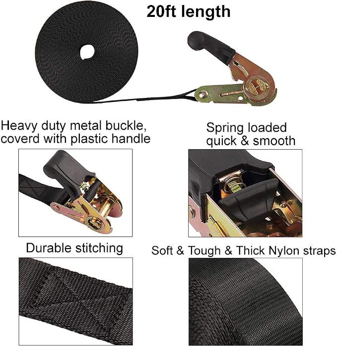 Endless Ratchet Tie Down Straps Heavy Duty Cargo Tie Downs, Sturdy Nylon Black Strap Down Ratcheting Securing Straps, Track Spring Fittings, Tie-Down Motorcycles, Trailer Loads, Kayak