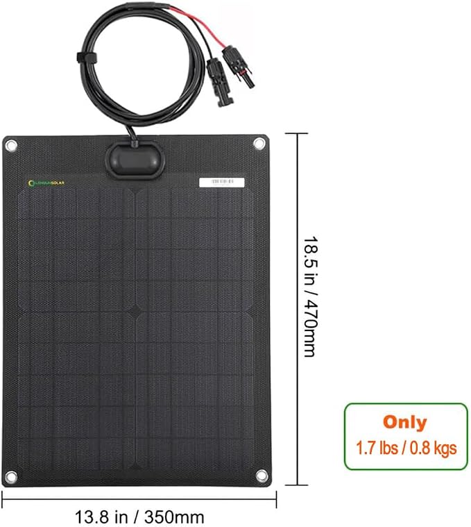 Lensunsolar 20W 12V ETFE Black Flexible Solar Panel, 18.5x13.8in, Ultrathin Ultra Lightweight, PERC Mono High Efficiency Solar Cells, for Campers, RVs, Boats,Camping, Tent