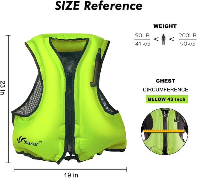 NAXER Inflatable Buoyancy Jackets Snorkel Vests for Adults Kayak Kayaking Snorkeling Suit 90-200 lbs Easy Swimming Boating Paddleboarding Water Sports