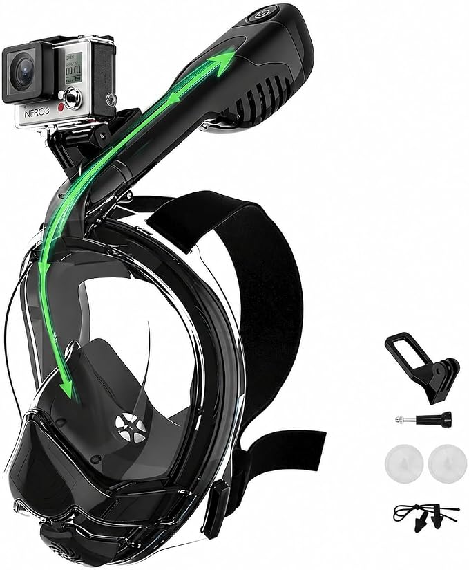 Electric Full Face Snorkel Mask for Adults, Fan-Assisted Airflow Snorkeling Gear, 180° Panoramic Anti-Fog View, Dry Top Leak-Resistant Design with Camera Mount for Beach Vacation