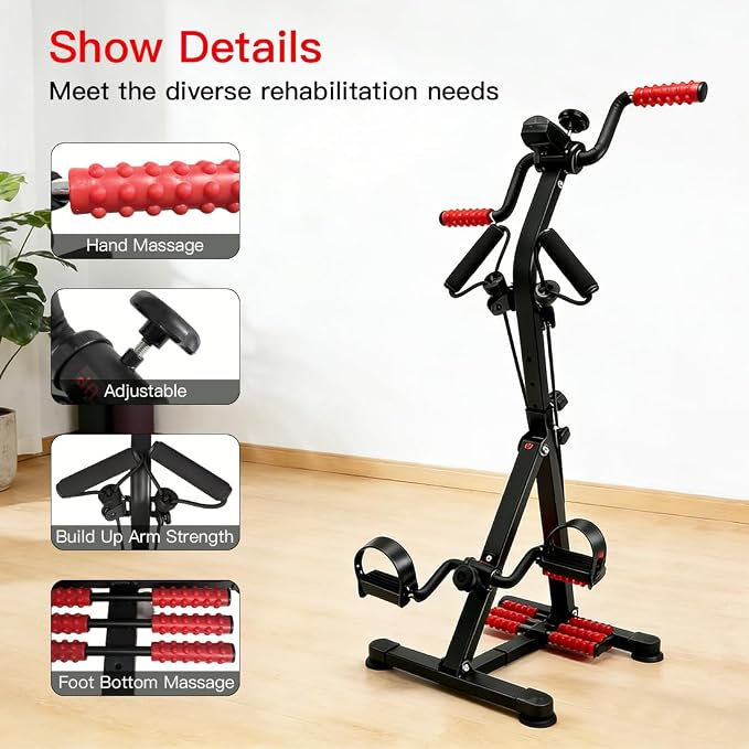 3-in-1 Pedal Exerciser with Resistance Bands, Under Desk Bike for Seniors Arm & Leg Workout, Adjustable Tension Floor Cycle with Massage Rollers, Seated Mobility Equipment