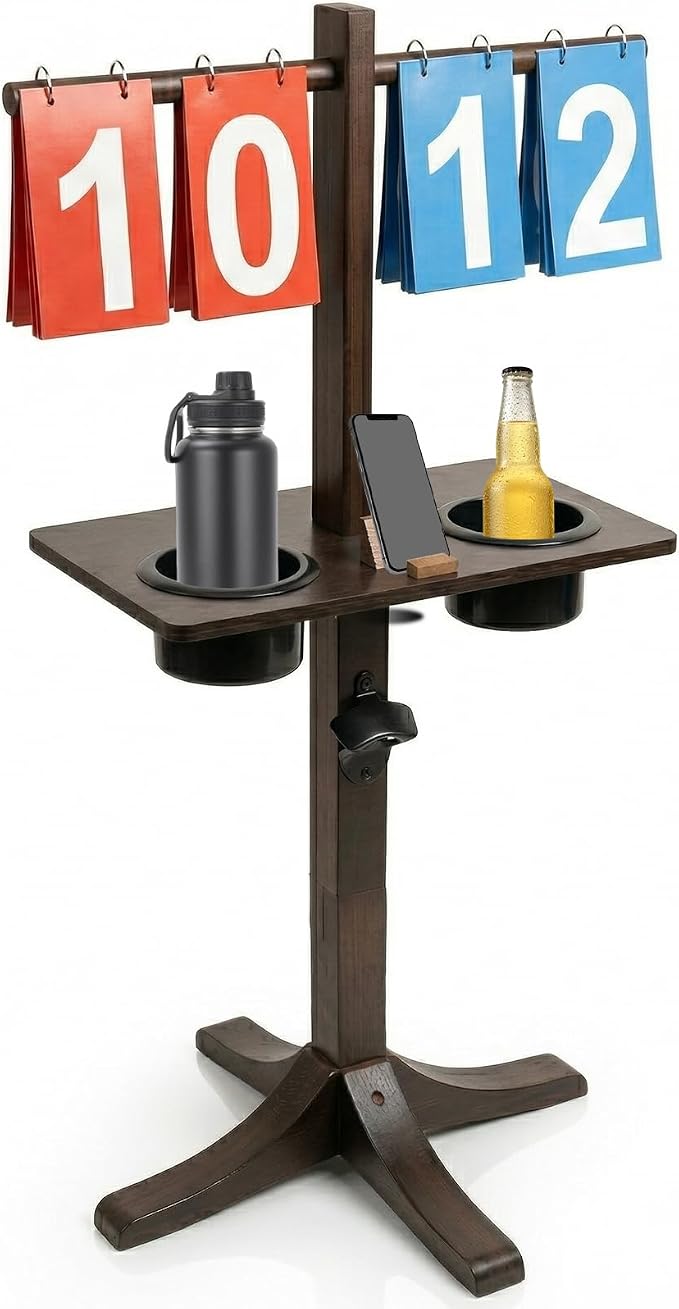 Cornhole Scoreboard with Drink Holder, Wooden Corn Hole Scoreboard with Bottle Opener and Phone Holder, Suitable for Sandbag Throwing, Beach Volleyball Tennis and Other Outdoor Games