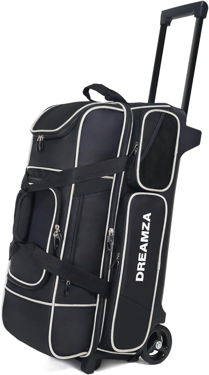 3 Ball Bowling Bags with Wheels & Shoe Pocket, Premium Bowling Ball Bag 3 Ball Roller, Effortless-Rolling 3 Ball Bowling Bag w/Multi-Storage Pockets & Telescopic Handle Extends to 40''