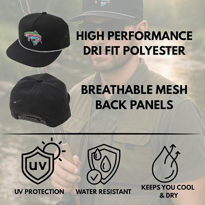 Trout Hat for Men - Dri-Fit Snapback Fishing Cap with Embroidered Rainbow Trout - Performance Laser Back Hat